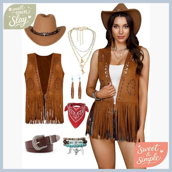 Large Faux Suede Fringe Vest Cowgirl Costume Set with Accessories